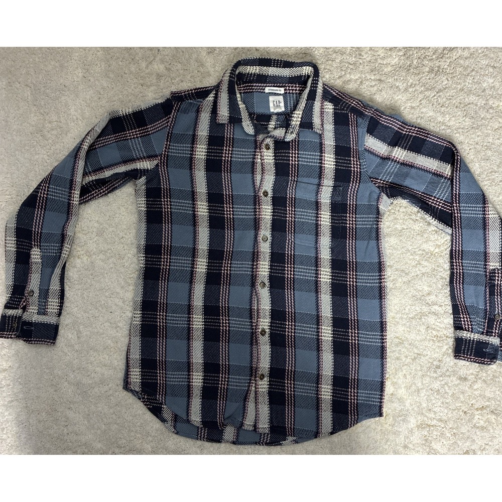 Gap Standard Fit Plaid Print Thick Flannel Shirt Men's S Button Front Blue White
